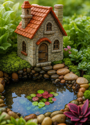 Stone Cottage with Orange Roof – Miniature House for Terrariums & Fairy Gardens