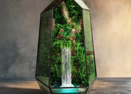 Glass terrarium with forest waterfall and preserved moss Minimalism - MagicGardens