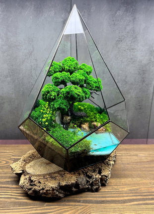 Unique preserved moss crystal glass terrarium In the drop with waterfall