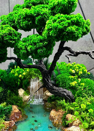 Crystal glass bonsai terrarium In the drop with waterfall and preserved moss
