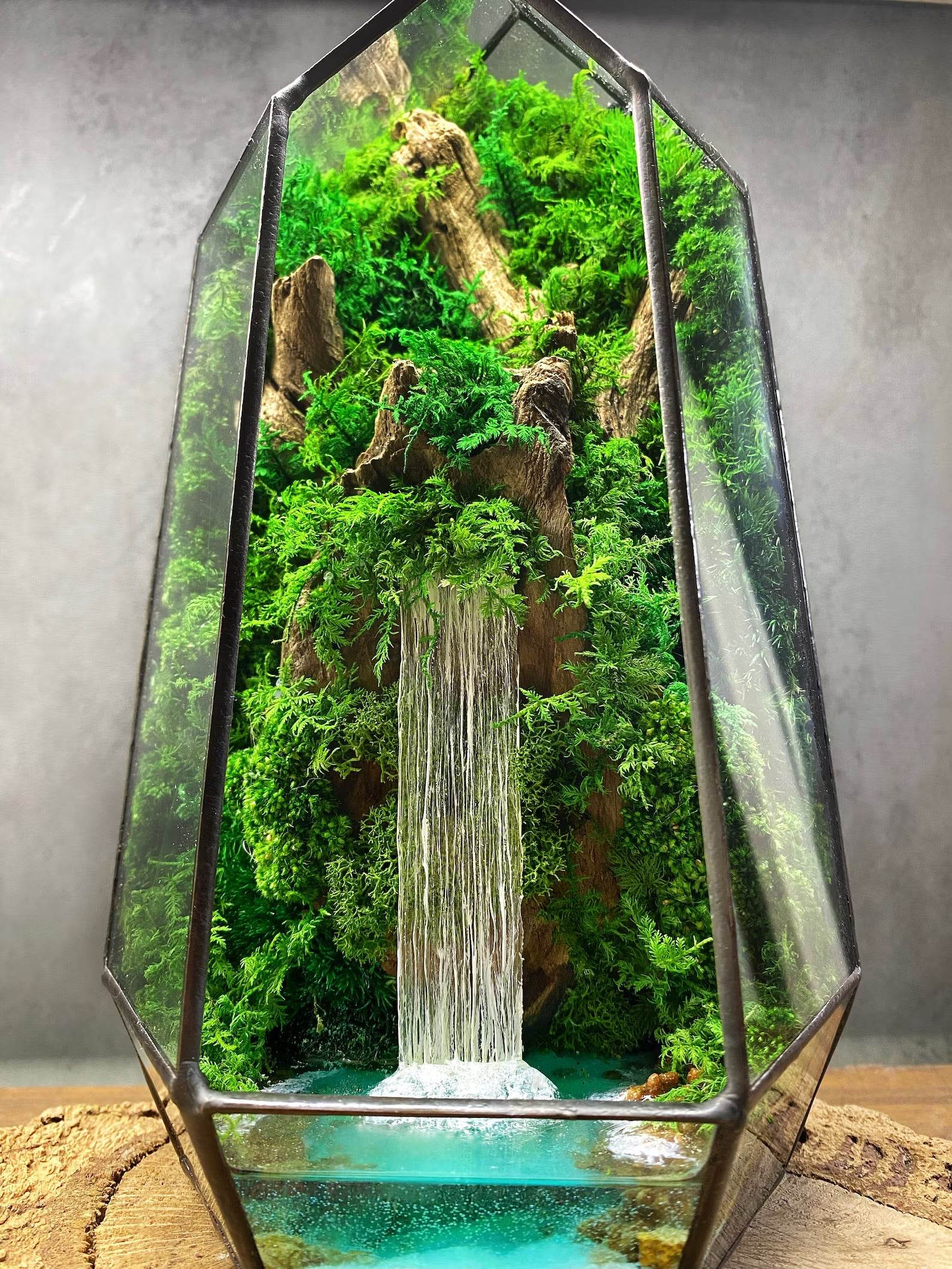 Terrarium Waterfall Rocks Unique Geometric Glass Waterfall Terrarium with Preserved Moss and Wood ...