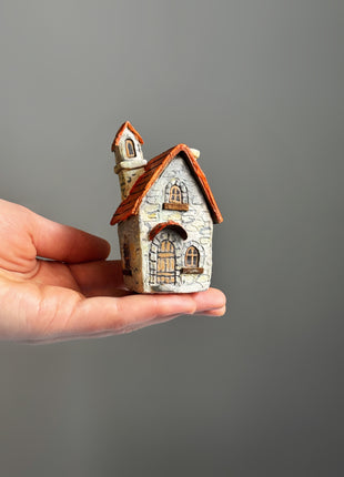Stone Cottage with Orange Roof – Miniature House for Terrariums & Fairy Gardens