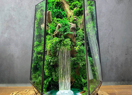 Glass terrarium with forest waterfall and preserved moss Minimalism - MagicGardens