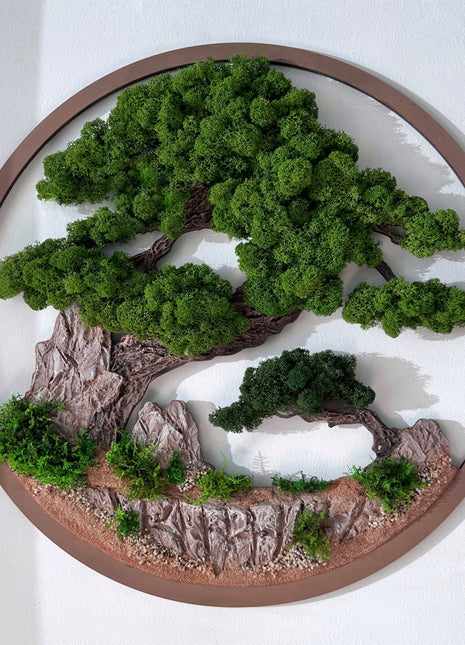 Zen Bonsai Moss Art in Minimalist Circular Frame