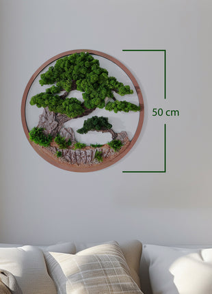 Zen Garden Bonsai Moss Art in Minimalist Circular Frame