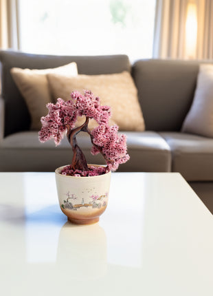 Mini Sakura Bonsai Tree, Preserved Cherry Blossom in Ceramic Pot