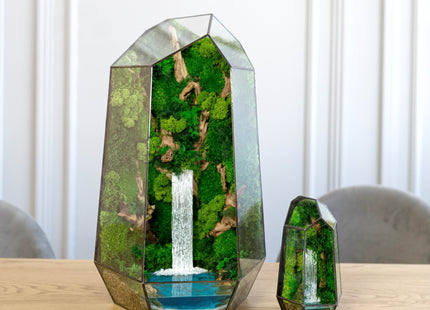Glass terrarium with forest waterfall and preserved moss Minimalism - MagicGardens
