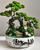 Handmade bonsai Zen Harmony with preserved moss, glowing pond and meditating monk in ceramic pot