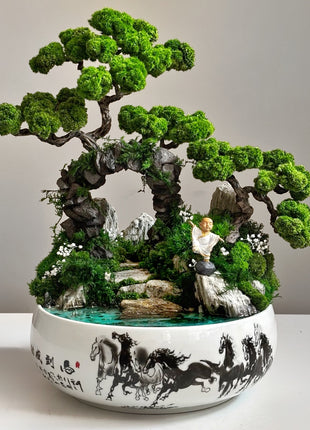 Handmade bonsai Zen Harmony with preserved moss, glowing pond and meditating monk in ceramic pot