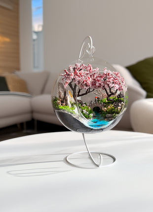 Japanese Sakura Glass Orb Terrarium with Waterfall & Pond