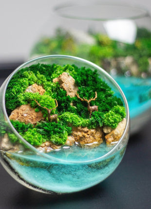 Planter with preserved flowers & terrarium with deer figurines set - MagicGardens