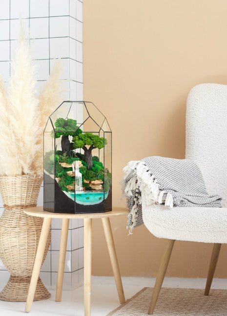 Terrarium dome with bonsai tree, waterfall and preserved moss Oak Grove - MagicGardens