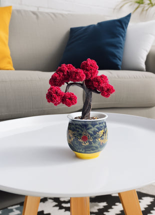 Mini Red Maple Bonsai Tree, Hand-Painted Ceramic Pot, No-Care Desk Decor, Zen Home Accent