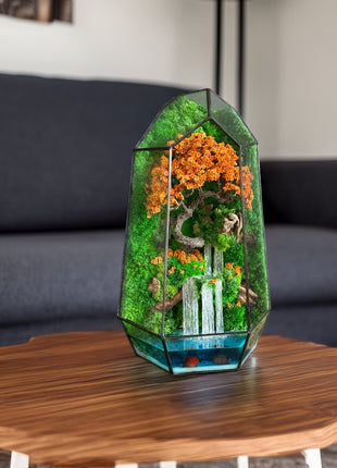 Autumn Moss Terrarium with Glowing Waterfall