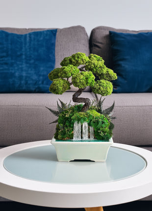 Japanese Style Bonsai Tree with Waterfall in Turquoise Ceramic Pot
