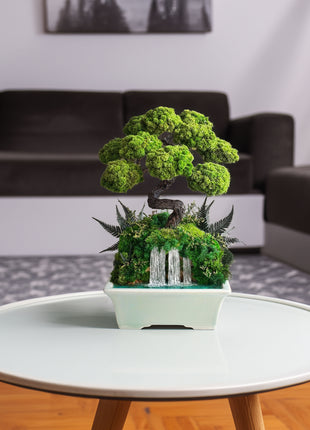 Japanese Style Bonsai Tree with Waterfall in Turquoise Ceramic Pot