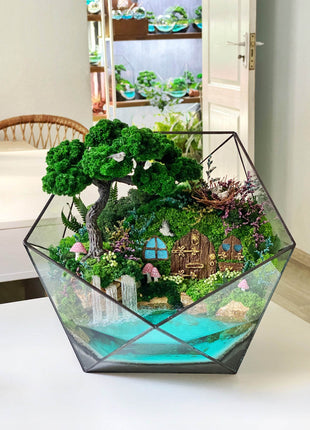 Fairy Tale Terrarium with preserved moss bonsai tree and glowing pond - MagicGardens