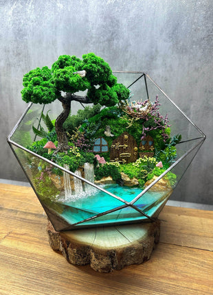 Fairy Tale Terrarium with preserved moss bonsai tree and glowing pond - MagicGardens