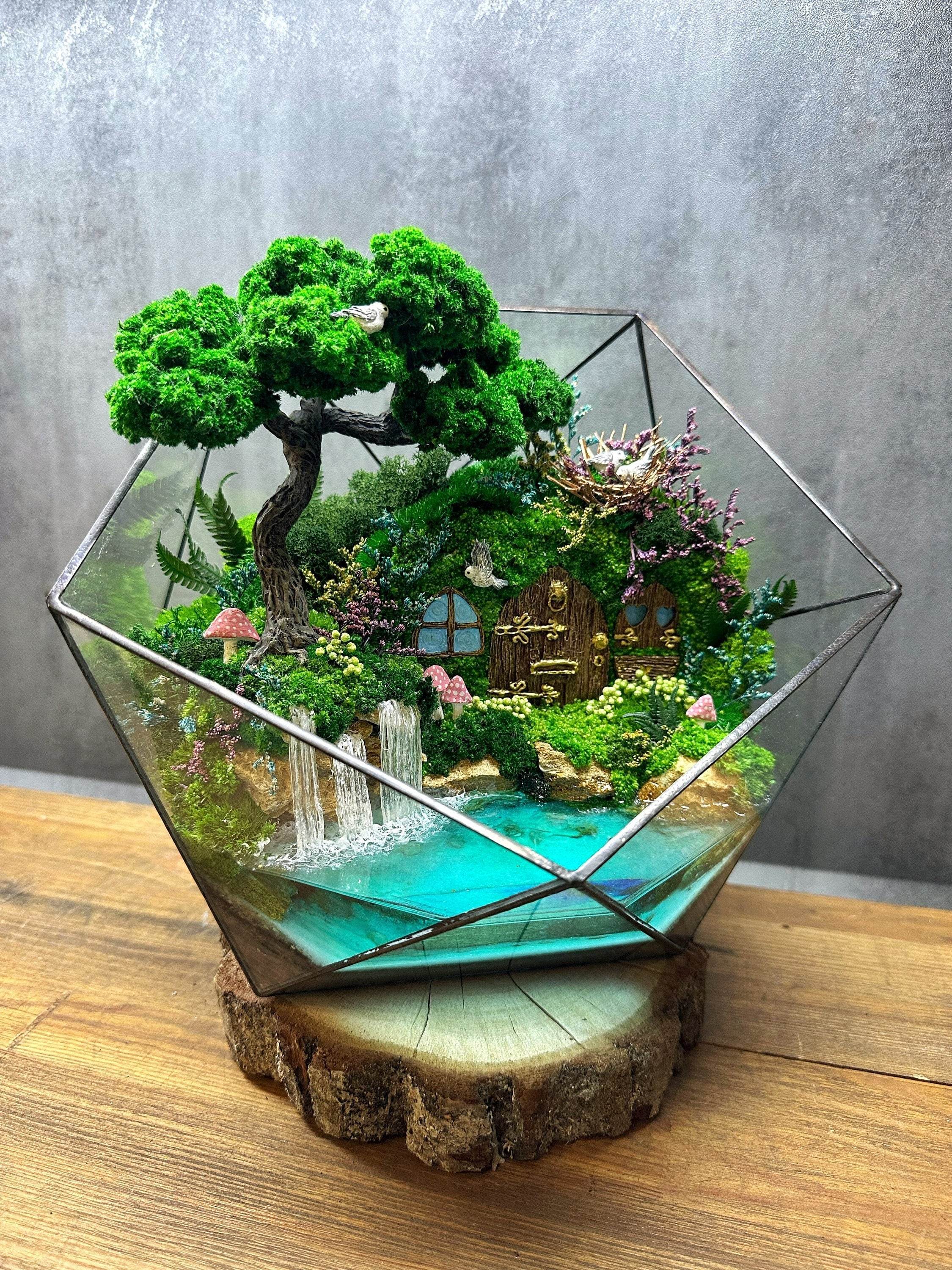 glowing bonsai tree Fairy Tale Terrarium with preserved moss bonsai tree and glowing pond