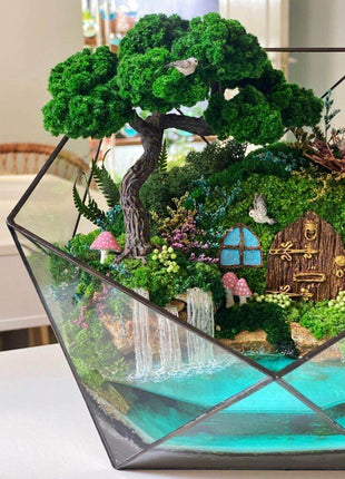 Fairy Tale Terrarium with preserved moss bonsai tree and glowing pond - MagicGardens