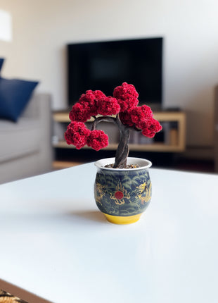 Mini Red Maple Bonsai Tree, Hand-Painted Ceramic Pot, No-Care Desk Decor, Zen Home Accent