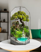 Glass terrarium Forest Haven with bonsai, cottage and resin waterfall