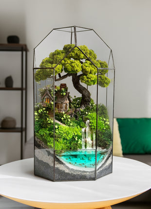 Glass terrarium Forest Haven with bonsai, cottage and resin waterfall