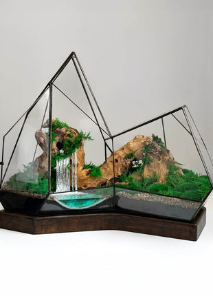 Mountain Waterfall Terrarium with Moss and Lamp – Large Glass Display - MagicGardens