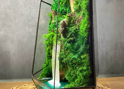 Glass terrarium with forest waterfall and preserved moss Minimalism - MagicGardens