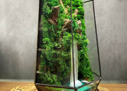 Glass terrarium with forest waterfall and preserved moss Minimalism - MagicGardens