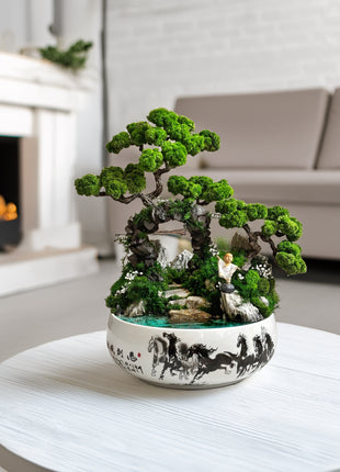 Handmade preserved moss bonsai Zen Harmony glowing pond in ceramic pot — elegant living room and fireplace decor