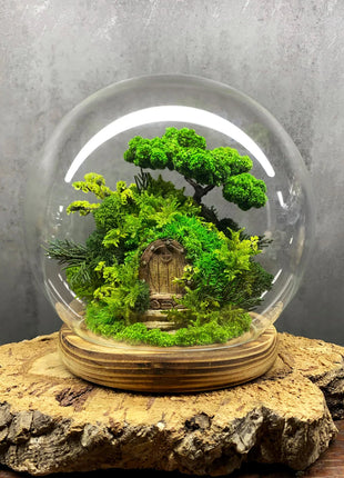 Closed Glass Dome Terrarium with Preserved Moss & Fairy Door
