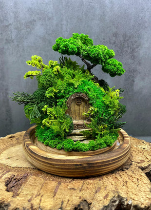 Closed Glass Dome Terrarium with Preserved Moss & Fairy Door