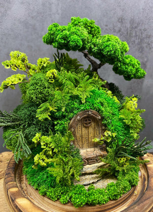 Closed Glass Dome Terrarium with Preserved Moss & Fairy Door