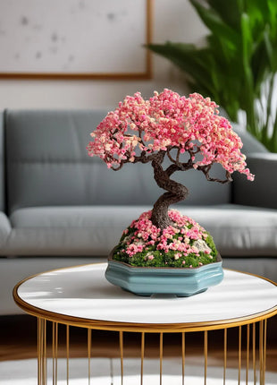 Preserved bonsai tree sakura style made of stabilized plants and flowers