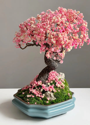 Preserved bonsai tree sakura style made of stabilized plants and flowers