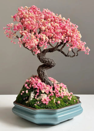 Preserved bonsai tree sakura style made of stabilized plants and flowers