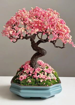 Preserved bonsai tree sakura style made of stabilized plants and flowers