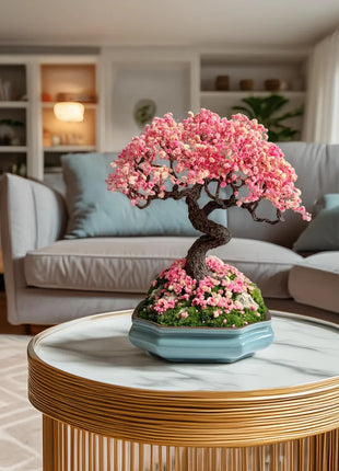Preserved bonsai tree sakura style made of stabilized plants and flowers