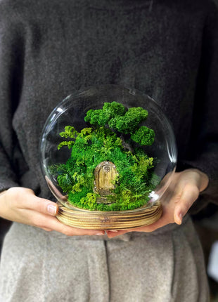 Closed Glass Dome Terrarium with Preserved Moss & Fairy Door