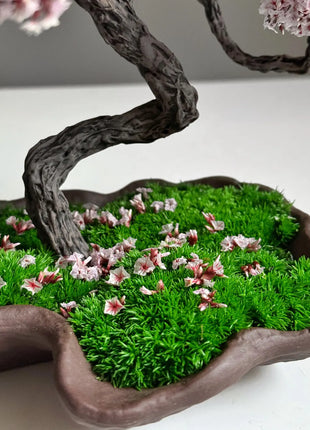 Japanese Sakura-Style Bonsai Tree with Preserved Flowers & Moss