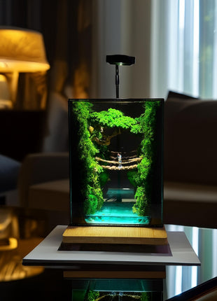 Terrarium "Forest Canyon" with preserved moss and a loving couple on a bridge with a lamp.