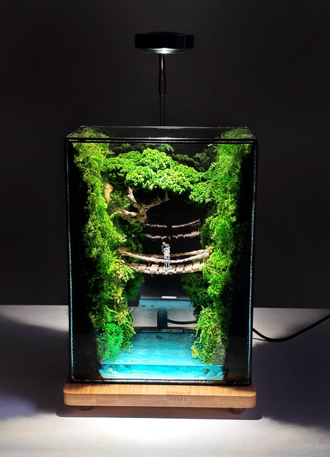 Terrarium "Forest Canyon" with preserved moss and a loving couple on a bridge with a lamp.