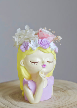 Cute Girl Vase Planter - Handmade Face Planter with Dried Flower