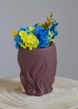 Head Planter with Preserved Flower in Ukrainian Ornament