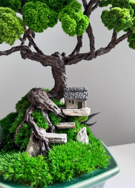 Handmade Preserved Moss Bonsai Tree with Panda Figurine - MagicGardens
