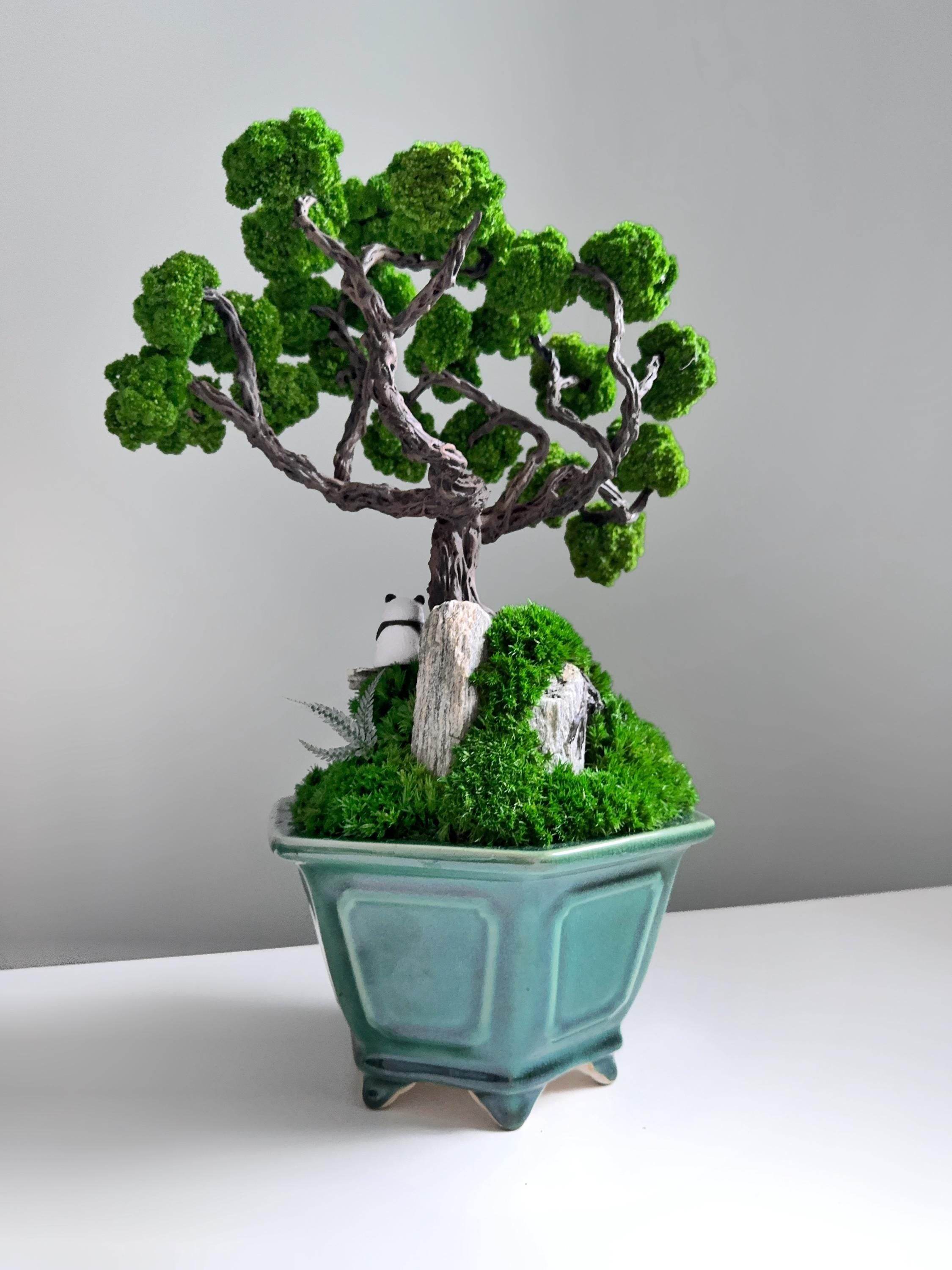panda bonsai tree Handmade Preserved Moss Bonsai Tree with Panda Figurine