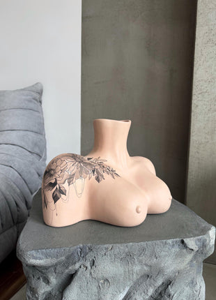 Abstract Woman Breasts Ceramic Vase with Floral Tattoo Design - Unique Feminine Body Art Modern Home Decor, Birthday Gift For Him