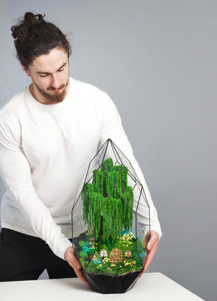 Unique home or office decor, Crystal pyramid terrarium with preserved moss willow, Desk Planter