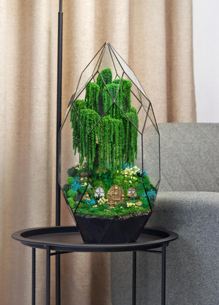 Unique Desk Planter, Crystal pyramid terrarium with preserved moss willow